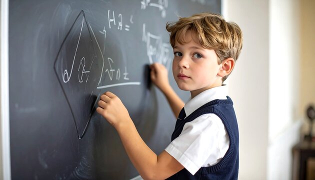 Young Student Solving Math Problem on Chalkboard in Classroom for Education Purpose