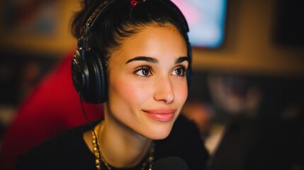Young woman with headphones smiling in a studio setting, focusing on her work, showcasing creativity and passion for media