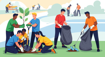 Diverse group of volunteers planting trees and cleaning up litter in a park, promoting environmental conservation and community service.