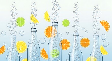 Refreshing Citrus Infused Sparkling Water Illustration Bubbles, Bottles, and Fruits