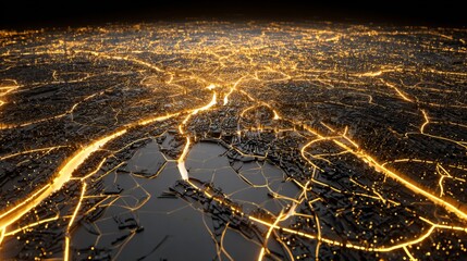 Aerial View of Illuminated Urban Landscape at Night with Complex Road Networks and City Lights Sparkling in the Darkness