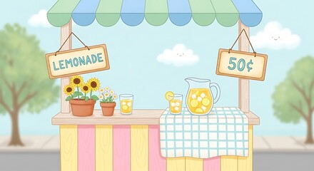 Whimsical illustration of a classic lemonade stand, showcasing refreshing citrus beverages, vibrant sunflowers, and a charming pricing sign, perfect for summer themes