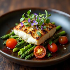 Grilled halibut steak with asparagus, tomatoes, and edible flower garnish