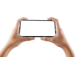 Hands Holding Smartphone in Horizontal Position with Blank Screen on Transparent Background Png