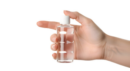 Woman's hand holding small portable travel size bottle of clear hand sanitizer gel. isolated PNG with Transparent Background