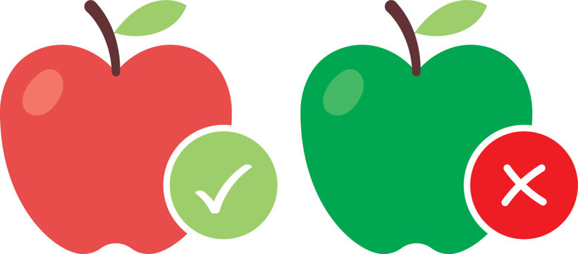 A juicy red apple with green leaves, sometimes featuring a worm, is a natural illustration or vector icon of healthy fruit and food
