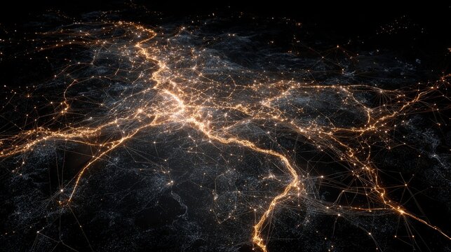 Abstract representation of illuminated network connections across a dark landscape showcasing digital communication and urban expansion