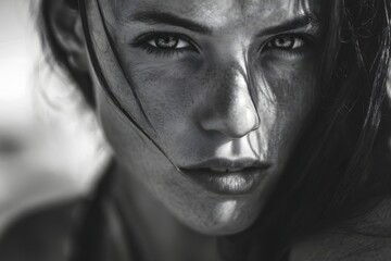 Fototapeta premium Dramatic close up portrait of a woman with intense eyes in black and white