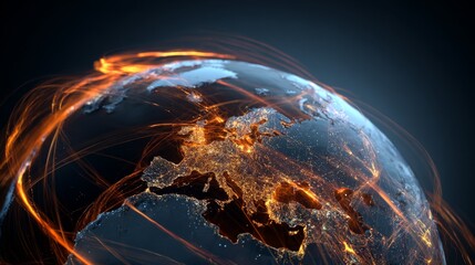 Global Connectivity Concept with Illuminated Cities and Flowing Light Trails Depicting Network and Data Communication