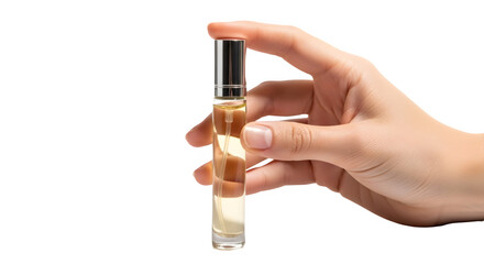 Woman's hand holding a small perfume or essential oil roller bottle for cosmetic mockup. isolated PNG with Transparent Background