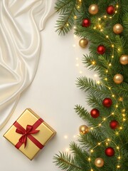 Christmas background with gift box, fir branch, and ornaments isolated on white background