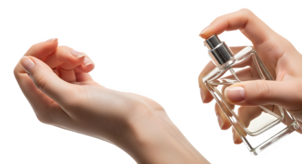 Woman's Hand Spraying Perfume from Clear Glass Bottle onto Wrist isolated PNG with Transparent Background