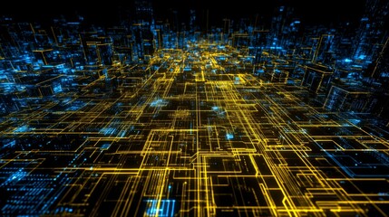 Futuristic cityscape with glowing circuits and digital connections in blue and gold tones, representing technology and innovation