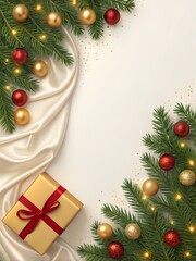 Christmas background with gift box, fir branch, and ornaments isolated on white background