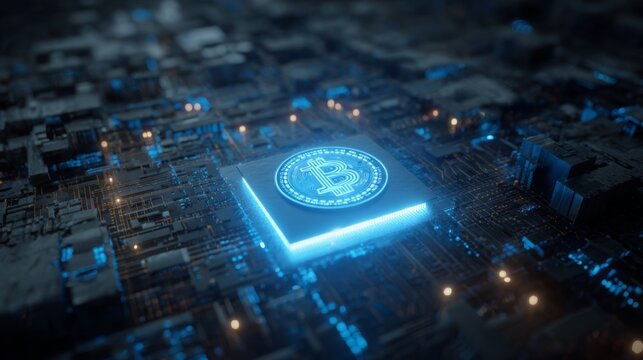 Digital representation of cryptocurrency concept with glowing Bitcoin symbol on a microchip in a tech-inspired background