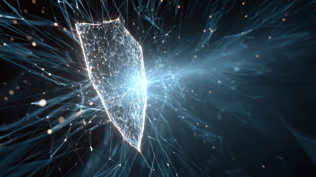 Digital shield representing cybersecurity concepts in abstract technology background with glowing particles and network design