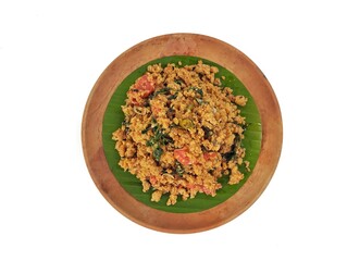 Oseng-oseng oncom or Stir-fried fermented soybeans on plate, Flat lay. Indonesian typical food	