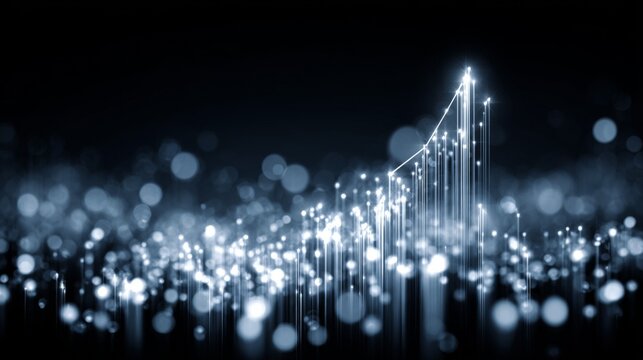 Abstract representation of glowing data points creating upward trends in a futuristic digital landscape with dark background