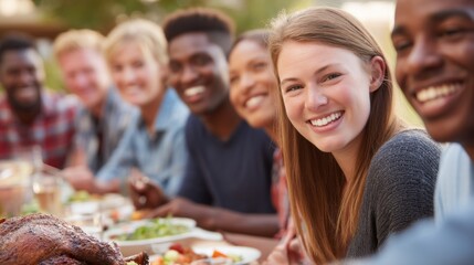 In a bright park on a sunny day, joyful multiracial friends sit around a long table, sharing food and laughter. Their smiles reflect the warmth of friendship and connection