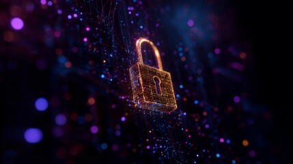 Abstract digital lock symbolizing security and privacy in technology with vibrant lights and data connections in the background