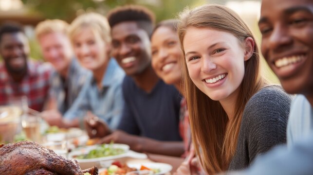 In a bright park on a sunny day, joyful multiracial friends sit around a long table, sharing food and laughter. Their smiles reflect the warmth of friendship and connection