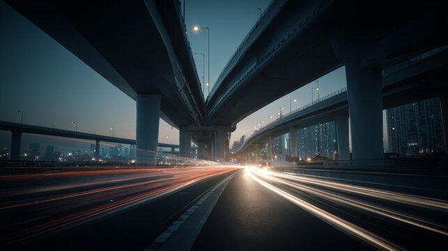 Urban Highway Overpass at Night with Light Trails and Majestic City Skyline in the Background - Powered by Adobe