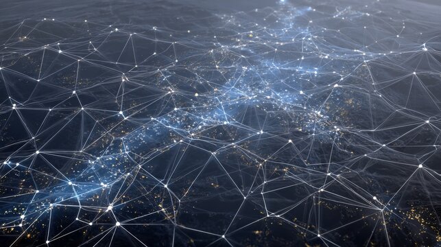 Digital Network Visualization Over Urban Landscape at Night Featuring Bit and Byte Connections in Futuristic Style