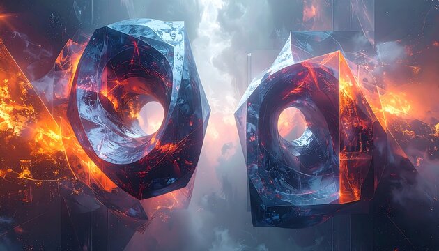 Two swirling, textured, geometric figures are surrounded by wisps of clouds and fiery glow against a hazy background