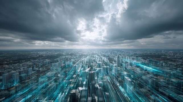 Aerial View of Urban Cityscape with Cloudy Skies and Futuristic Digital Elements Representing Technology and Innovation