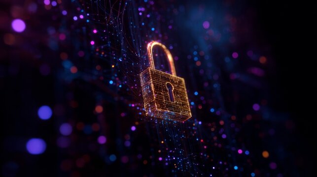 Abstract digital lock symbolizing security and privacy in technology with vibrant lights and data connections in the background