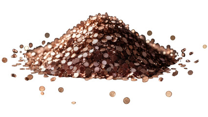 Shimmering brown metallic glitter confetti in a heap, isolated on white, perfect for party, celebration, crafts, or festive backgrounds.​