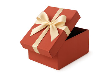 Obraz premium Open red gift box with cream ribbon and bow, revealing a surprise, concept of giving, celebration, transparent background