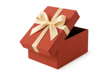 Open red gift box with cream ribbon and bow, revealing a surprise, concept of giving, celebration, transparent background