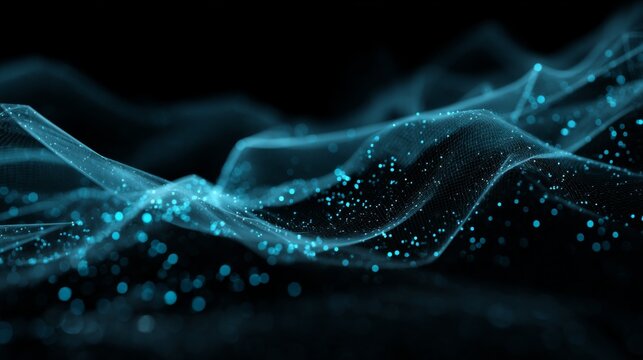 Abstract representation of flowing particles and waves with luminous blue lights creating a sense of depth and movement in darkness - Powered by Adobe