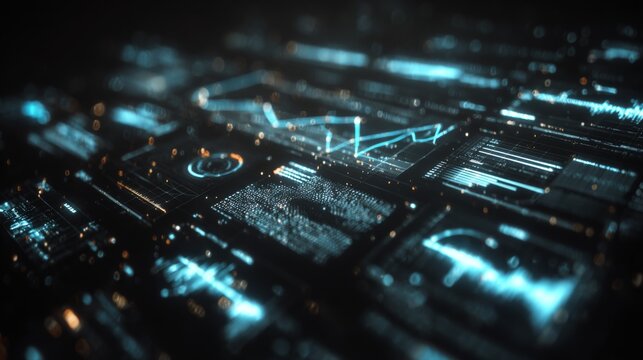 Abstract digital data visualization with glowing lines and graphs in a futuristic technological setting