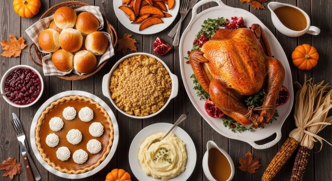 Overhead view of a traditional Thanksgiving dinner spread with roasted turkey, pumpkin pie, and sides on a rustic wooden table.