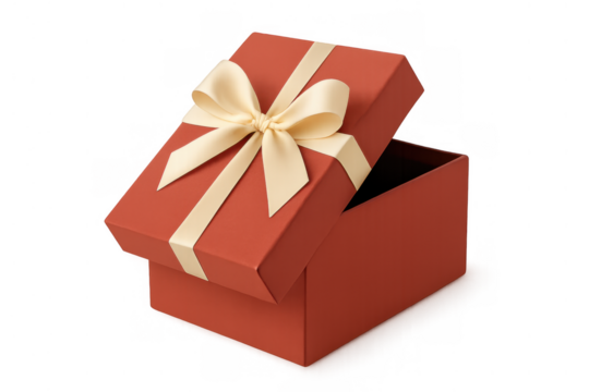 Open red gift box with cream ribbon and bow, revealing a surprise, concept of giving, celebration, transparent background