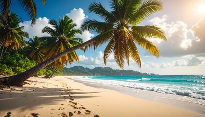Obraz premium Tropical beach scene with palm trees, white sand, and turquoise water under a sunny sky