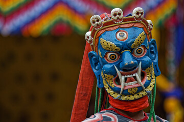 GANGTEY, BHUTAN, October 5, 2025 : Gangtey Tshechu masked dancer in Gangtey Monastery, a monastery of Tibetan Buddhism in central Bhutan.