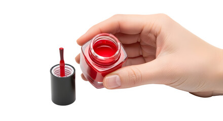 Woman's hand holding open bottle of vibrant red nail polish for beauty and cosmetic marketing isolated PNG with Transparent Background