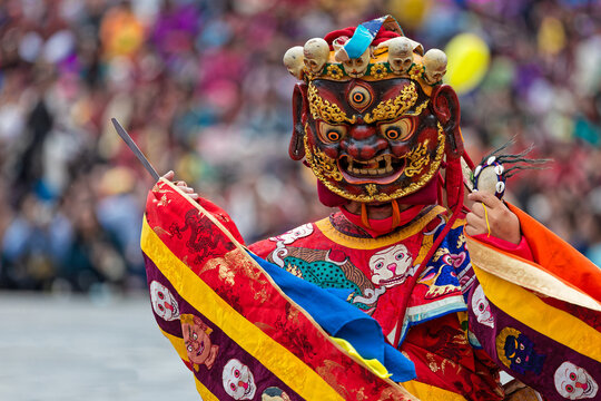 THIMPHU, BHUTAN, October 3, 2025 : Masked dancer at the Thimphu Tshechu, a celebrated religious festival and a vivid demonstration of Bhutanese spiritual traditions