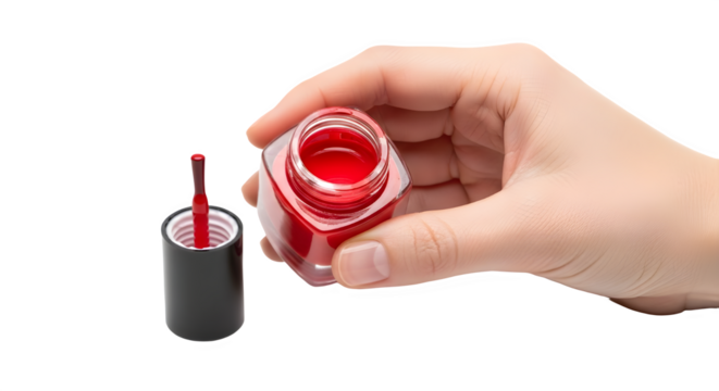 Woman's hand holding open bottle of vibrant red nail polish for beauty and cosmetic marketing isolated PNG with Transparent Background - Powered by Adobe