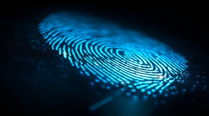 Detailed close-up of a glowing blue fingerprint on a dark background representing identity verification and security technology