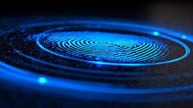 Detailed Close-up of a Digital Fingerprint Design with Neon Blue Circular Waves Against a Dark Background