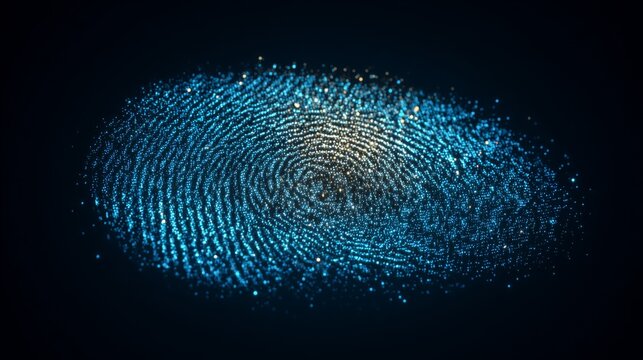 Abstract digital fingerprint design with blue and gold particles glowing against a dark background, symbolizing security and identity