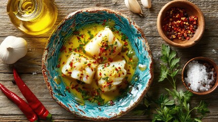 Bacalao al Pil Pil, Traditional Spanish Basque cod dish in olive oil emulsion with garlic and chili
