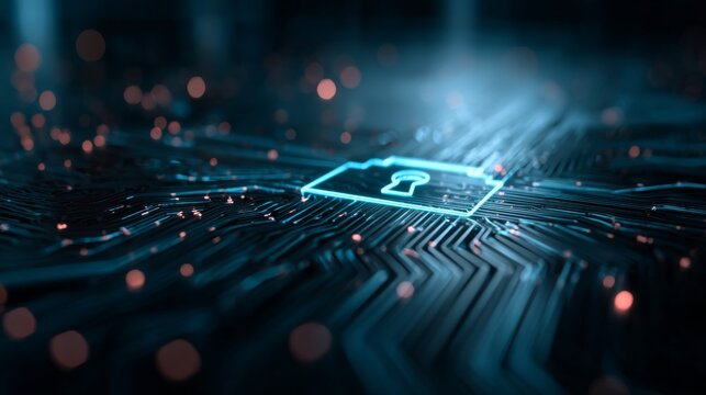 Futuristic digital lock symbol integrated into flowing circuit board design showcasing advanced technology and cybersecurity concept