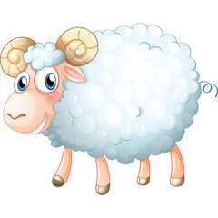 A charming cartoon ram with fluffy white wool and large curved horns stands on a transparent background looking forward with a friendly expression and blue eyes
