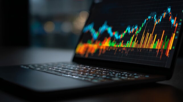Trend Analysis on Laptop with Colorful Graphic Display of Financial Chart Showing Rising and Falling Market Patterns - Powered by Adobe