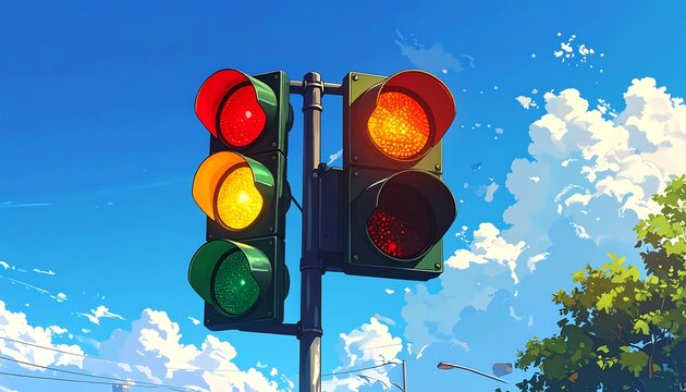 Two traffic lights display red and yellow under a partly cloudy blue sky with trees in the background
